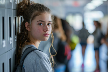 Lonely teenage girl standing by school lockers in hallway with other students are blurred in background. Concept of social isolation, school bullying and teenage emotions in academic environmentの素材