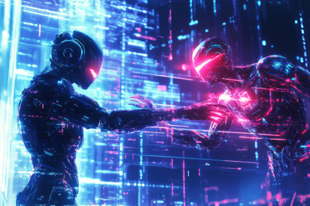 Futuristic AI battle between two advanced artificial intelligences in digital cyberworld. Cyber warfare, neural networks clash and AI dominance. Sci-fi tech fight in high-tech virtual arenaの素材