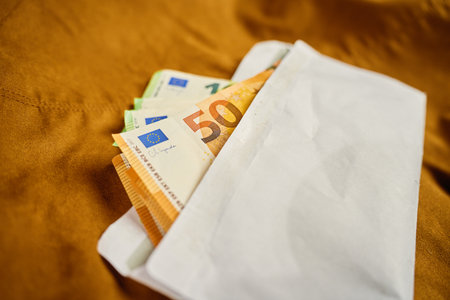 Envelope filled with euro banknotes, top view. Close-up of money cash on brown background. Concept...
