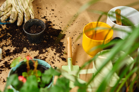 Gardening tools, soil and empty pots prepared for repotting plants at home. Concept of plant care and indoor gardeningの写真素材