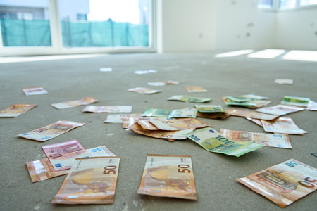 Euro banknotes scattered on concrete floor in new unfinished apartment, symbolizing financial planning. Concept of investment, budgeting and real estate expensesの写真素材