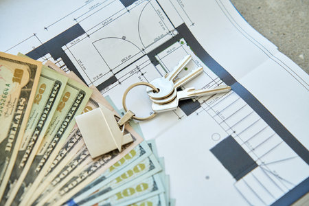House keys and dollar banknotes on architectural blueprint. Concept of real estate investment, home...