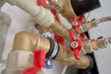 Plumbing system with brass pipes, red valves, and fittings. Heating system in residential buildingの写真素材