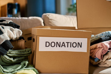 Donation boxes in living room. Packed cardboard boxes full of clothes and toys on couch. Concept of...