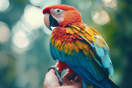 Vibrant parrot with multicolored feathers sits on person hand. Close up of tropical Macaw birdの素材