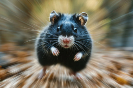 Funny black hamster running toward camera with motion blur. Energetic rodent sprinting on forest floorの素材
