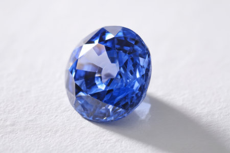 Brilliant blue sapphire on white background. Faceted gemstone, close upの素材
