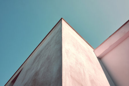 Part of white building against blue sky. Abstract architectural design with strong geometry lines. Urban design with minimalist concrete architectureの素材