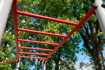 Red outdoor monkey bars in park with green trees. Fitness playground horizontal ladder for sport...