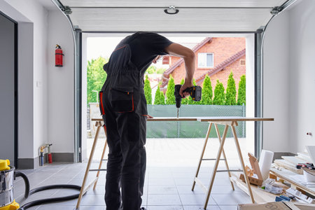 Worker using power drill on wooden board supported by sawhorses in home garage workshop. Man working in workshop, drilling hole in chipboard for furniture assemblyの写真素材