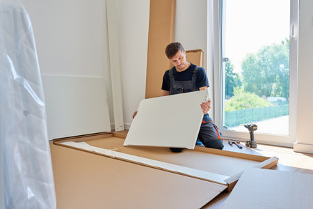 Man in work overalls assembles white furniture panel near unpacked parts and tools at home. Handyman...