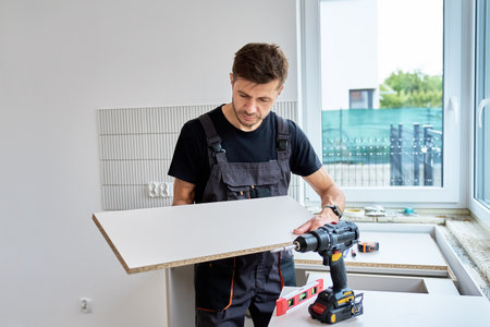 Man in uniform measures cabinet panel during kitchen furniture installation. Renovation process in...