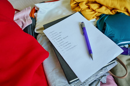 Handwritten checklist and pen on top of colorful folded clothes inside open suitcase. Concept of...