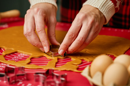 Close-up of hands pressing metal cookie cutter into gingerbread dough on silicone baking mat. Festive baking preparation and family traditions conceptの写真素材