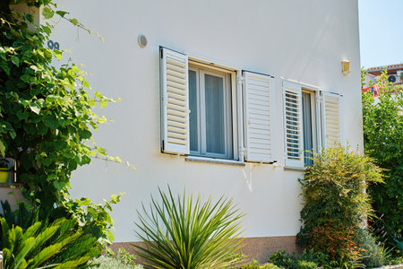 White suburban house wall with two windows, open shutters and plants in foreground. Residential building facadeの写真素材