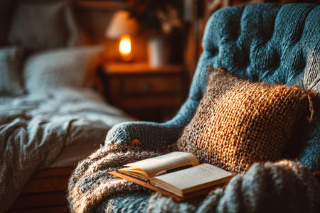 Open book on knitted blanket and pillow in soft armchair with warm light. Reading corner in cozy living roomの素材