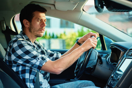 Man behind the wheel looks attentively at rear view mirror while driving car. Focus, safety awareness and responsible driving conceptの写真素材