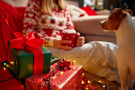 Woman wearing Christmas sweater holding mug of hot chocolate with marshmallows, her Jack Russell Terrier dog sitting near wrapped gifts and glowing lights. Cozy Christmas scene at homeの写真素材