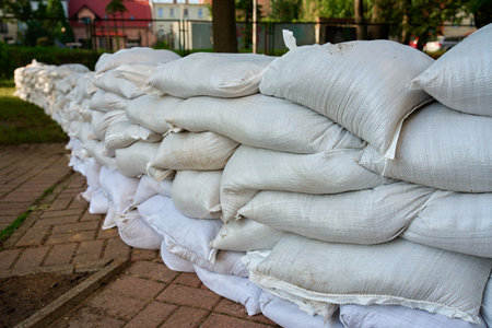 Rows of sandbags stacked as flood barrier on city street. Emergency protection measure to prevent water damage during storms, heavy rain or floodsの写真素材