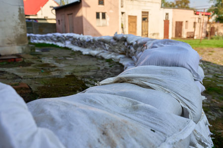 Sandbags stacked outside building to protect against flooding. Emergency flood prevention and natural disaster preparedness concept with protective water barrier near residential houseの写真素材
