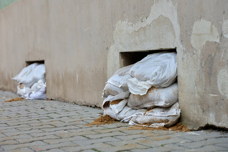 Sandbags stacked to block basement air vents in building wall to prevent flooding. Emergency flood protection during heavy rain or water riseの写真素材