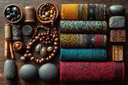 Stack of colorful tribal fabrics with wooden and stone beads. Traditional African craftsmanshipの素材
