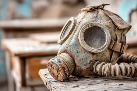 Old gas mask on dusty wooden desk in abandoned classroom. Post apocalyptic survival conceptの素材