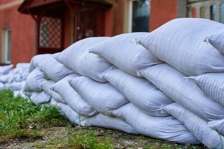 Sandbags stacked outside building to protect against flooding. Emergency flood prevention and natural disaster preparedness concept with protective water barrier near residential houseの写真素材