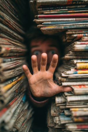 Hand reaches out through stacks of newspapers. Concept of information overload, media pressure, and excessive news consumptionの素材