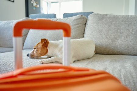 Small dog lying on couch near orange suitcase. Sad pet resting near packed luggage indoors. Jack Russell terrier dog waiting for home leaving. Concept of travel with petの写真素材