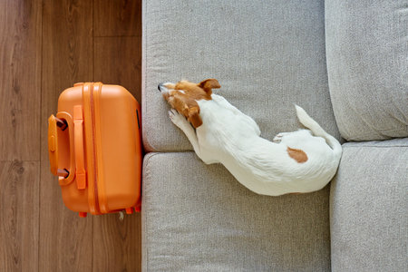 Small dog lying on couch near orange suitcase, top view. Sad pet resting near packed luggage indoors. Jack Russell terrier dog waiting for home leaving. Concept of travel with petの写真素材