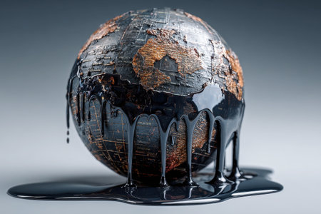 Melting Earth globe covered in black crude oil on solid background. Environmental pollution, climate change and ecological disaster conceptの素材