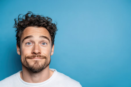 Portrait of bearded man with messy hair smiling against blue background. Concept of emotions, positivity and casual lifestyleの素材