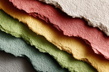 Stack of colored paper sheets with rough torn edges arranged in layers. Natural paper texture backgroundの素材