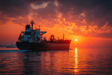 Large oil tanker sailing at sea during sunset. Cargo ship on calm water. Concept of global shipping and energy logisticsの素材