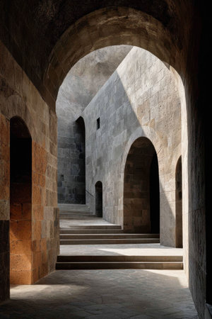 Stone archway in historic building with sunlight and shadows on textured wall. Concept of architecture, history and heritageの素材