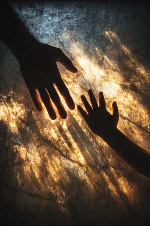 Shadow of adult hand and child hand reaching towards each other on textured illuminated background. Concept of family, connection, support and relationshipsの素材
