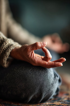 Close-up of hands in meditation pose on crossed legs outdoors with blurred green background. Concept of yoga, mindfulness and relaxationの素材