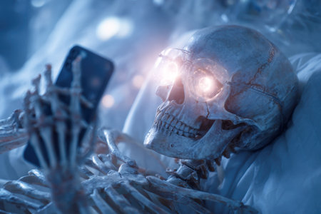 Skeleton with glowing eyes lying in bed holding smartphone in hands. Concept of screen addiction, night browsing and digital obsessionの素材