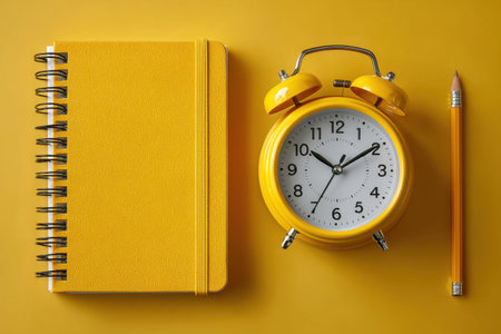 Top view of yellow alarm clock, spiral notebook and pencil on yellow background. Minimal workspace conceptの素材