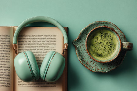 Over ear headphones, ceramic cup of matcha tea and open book on green surface. Cozy leisure and study concept.の素材