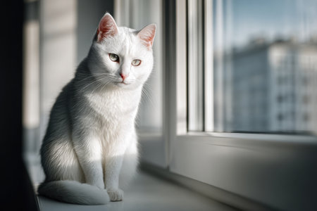 White cat sitting on windowsill. Pet and domestic animal portraitの素材