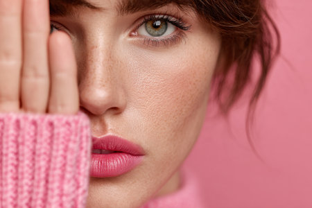 Close-up portrait of young woman covering part of face with hand against pink background. Concept of privacy, secrecy and self-protectionの素材