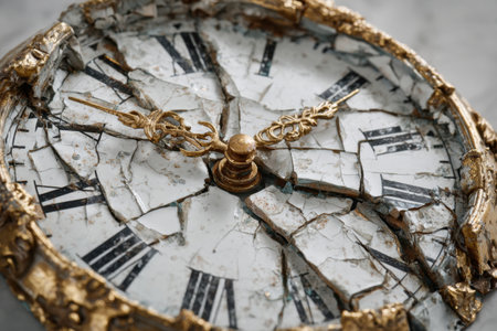 Close-up of golden vintage clock with shattered glass face, cracks and broken piece on light background. Concept of time destructionの素材