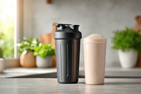 Black shaker bottle and beige container filled with protein powder on kitchen counter. Concept of sports nutrition and healthy lifestyleの素材