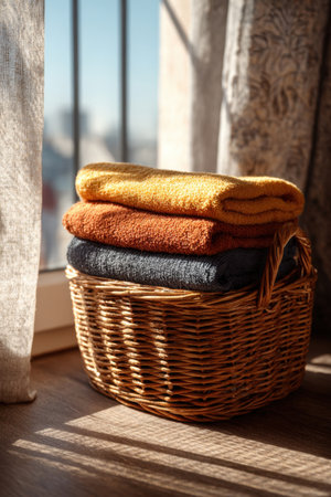 Stack of folded towels in wicker basket on wooden windowsill by window. Concept of home organizationの素材