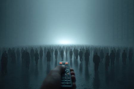 Hand holding remote control pointed at large crowd of people standing in dark space with bright light in background. Concept of control and manipulation of massesの素材