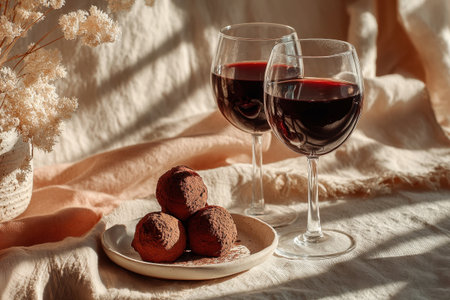 Close-up of two glasses of red wine and plate with chocolate truffles on table in morning sunlightの素材