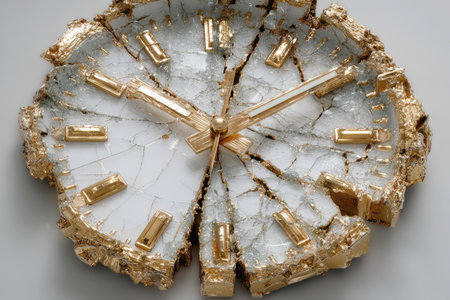 Close-up of golden vintage clock with shattered glass face, cracks and broken piece on light background. Concept of time destructionの素材