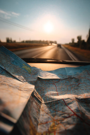 Close up of paper road map on car dashboard during driving on highway at sunset. Concept of travel, navigation, road trip and adventure planningの素材